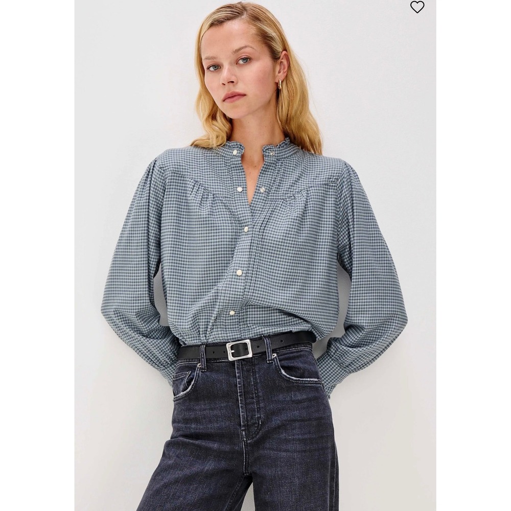Rails Alanna Button Down Top Stone Blue Check Ruffle Yoke Marble Snap Size XS